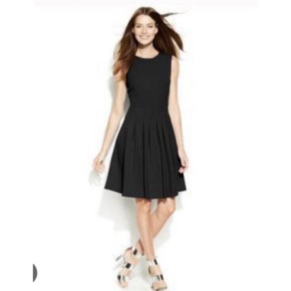 NWT Calvin Klein size 12P Pleated A line fit Flare sleeveless dress black